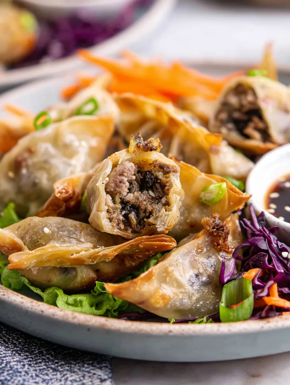 A plate of food with a bowl of sauce and a plate of chicken potstickers.