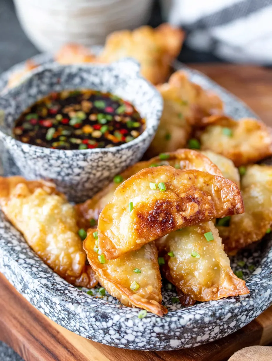 A plate of spicy chicken potstickers with ginger sauce.