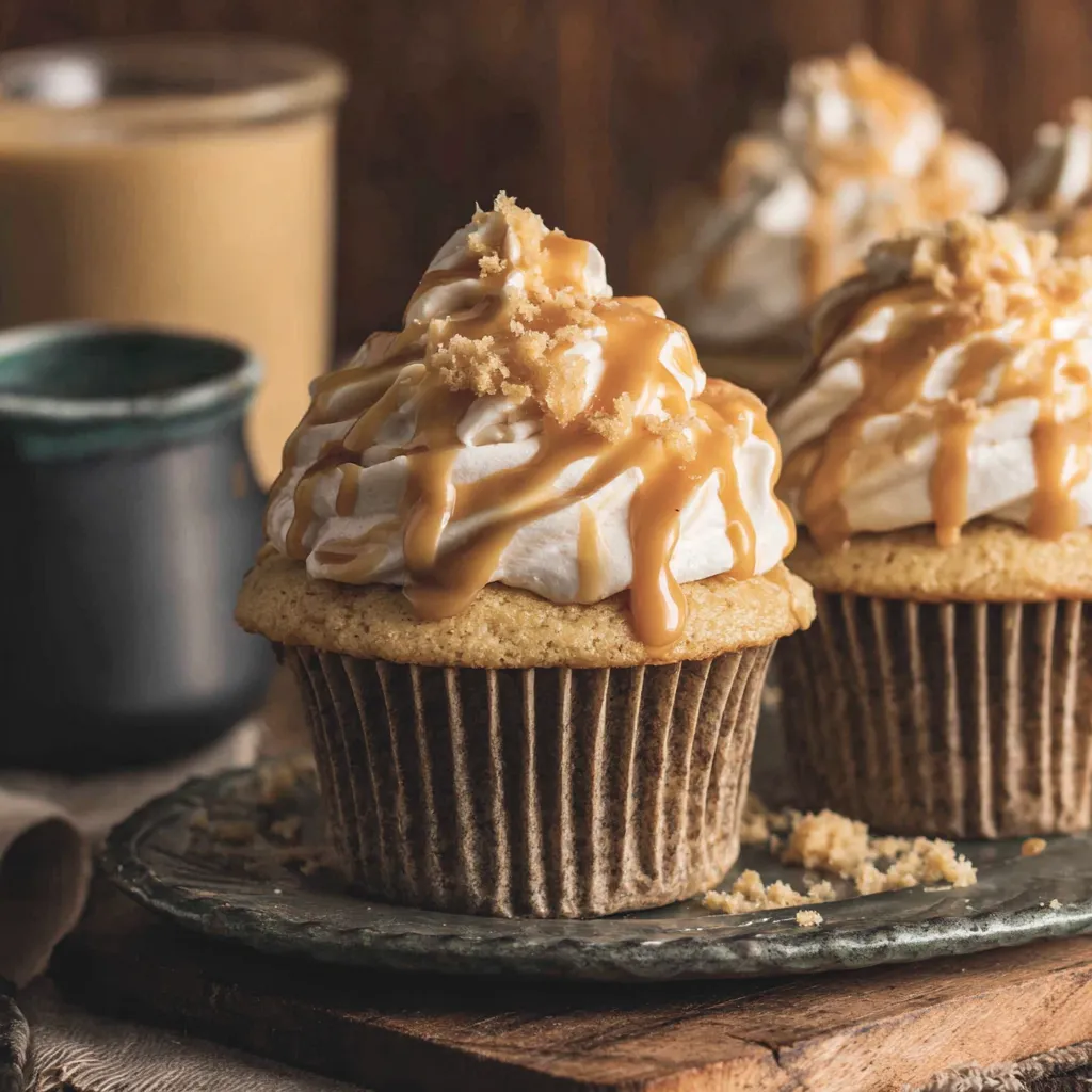 A plate of cupcakes with caramel frosting.