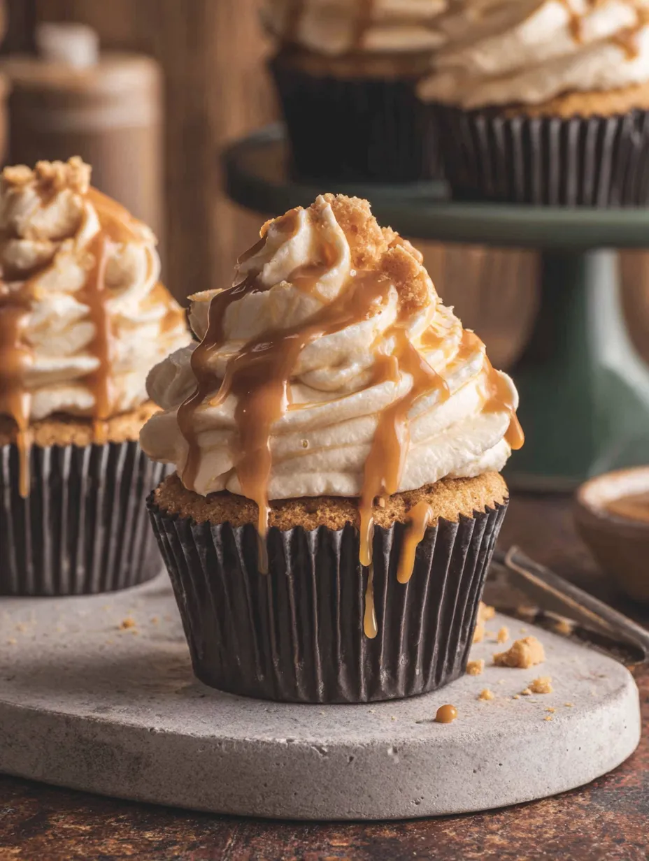 A cupcake with caramel sauce on top.