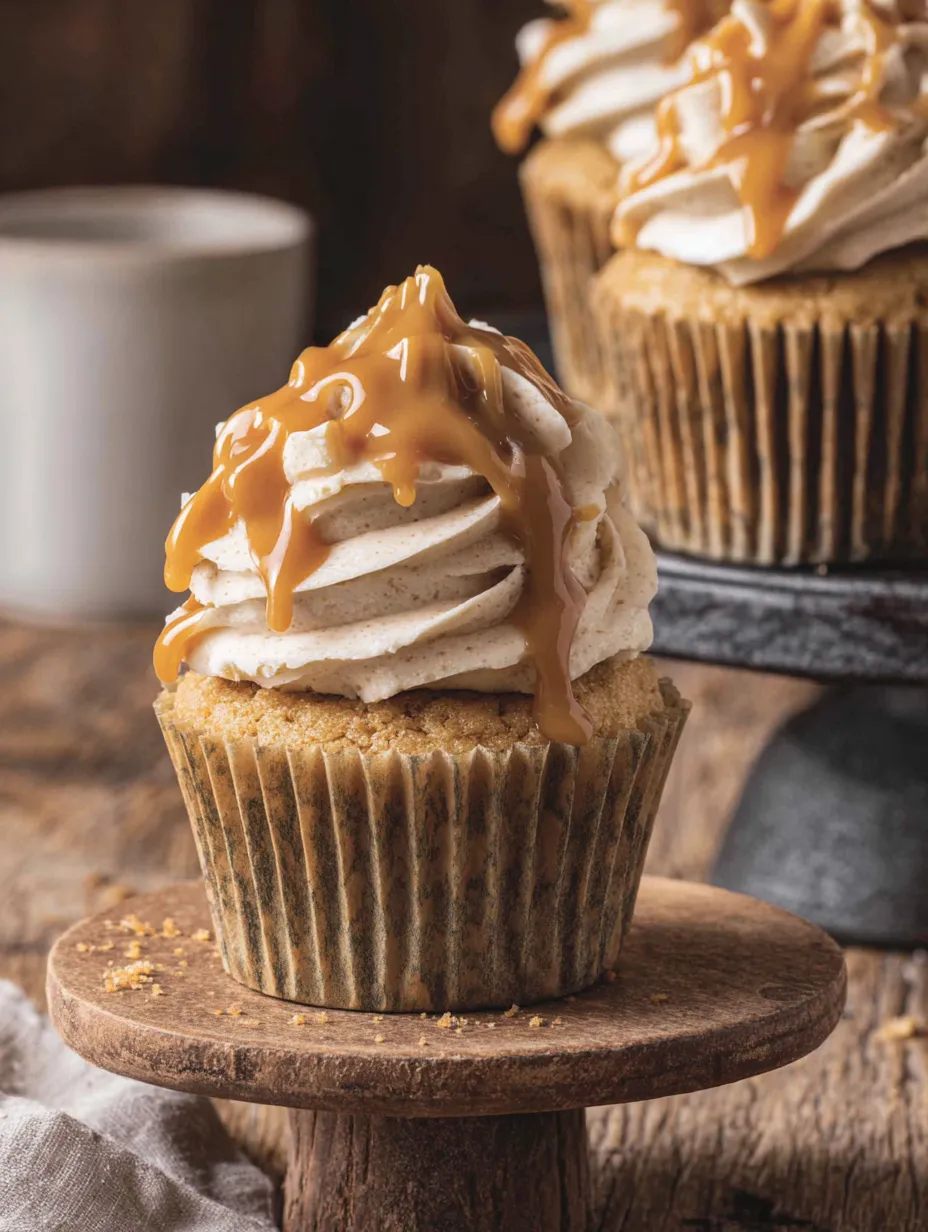 A cupcake with caramel frosting and a white cupcake with caramel frosting.