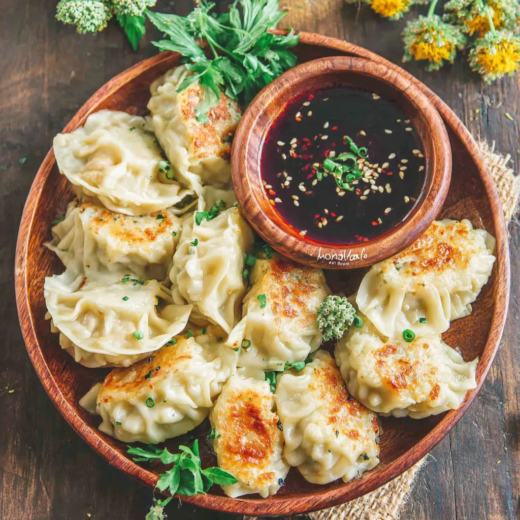 A plate of vegan potstickers or dumplings with sauce.