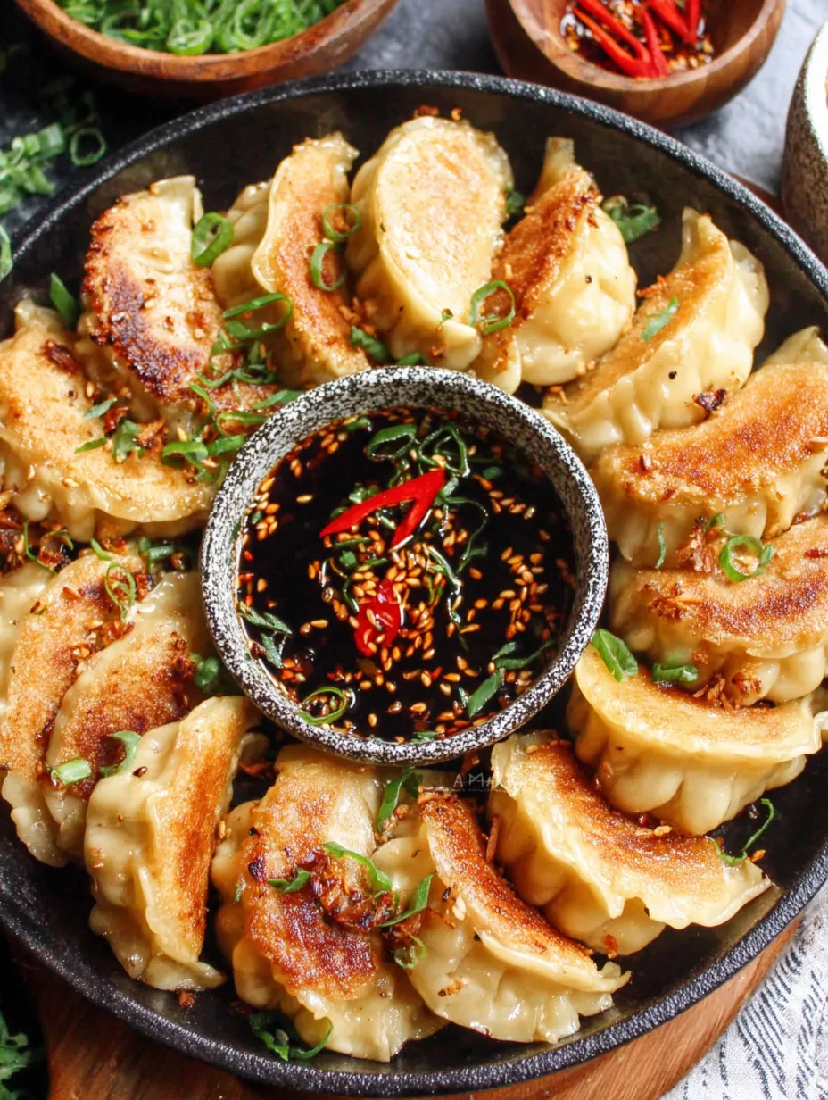A bowl of vegan potstickers or dumplings with sauce.