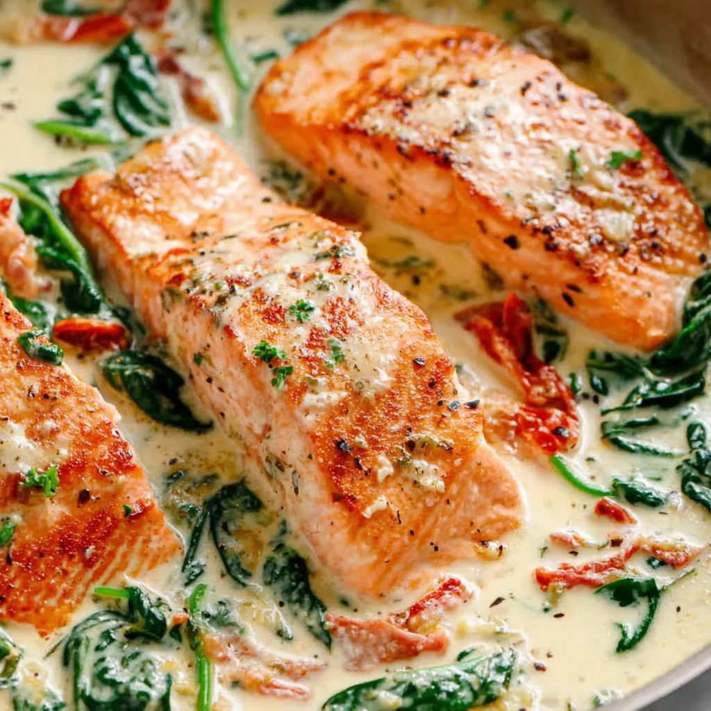 A dish of salmon with a creamy garlic butter sauce.