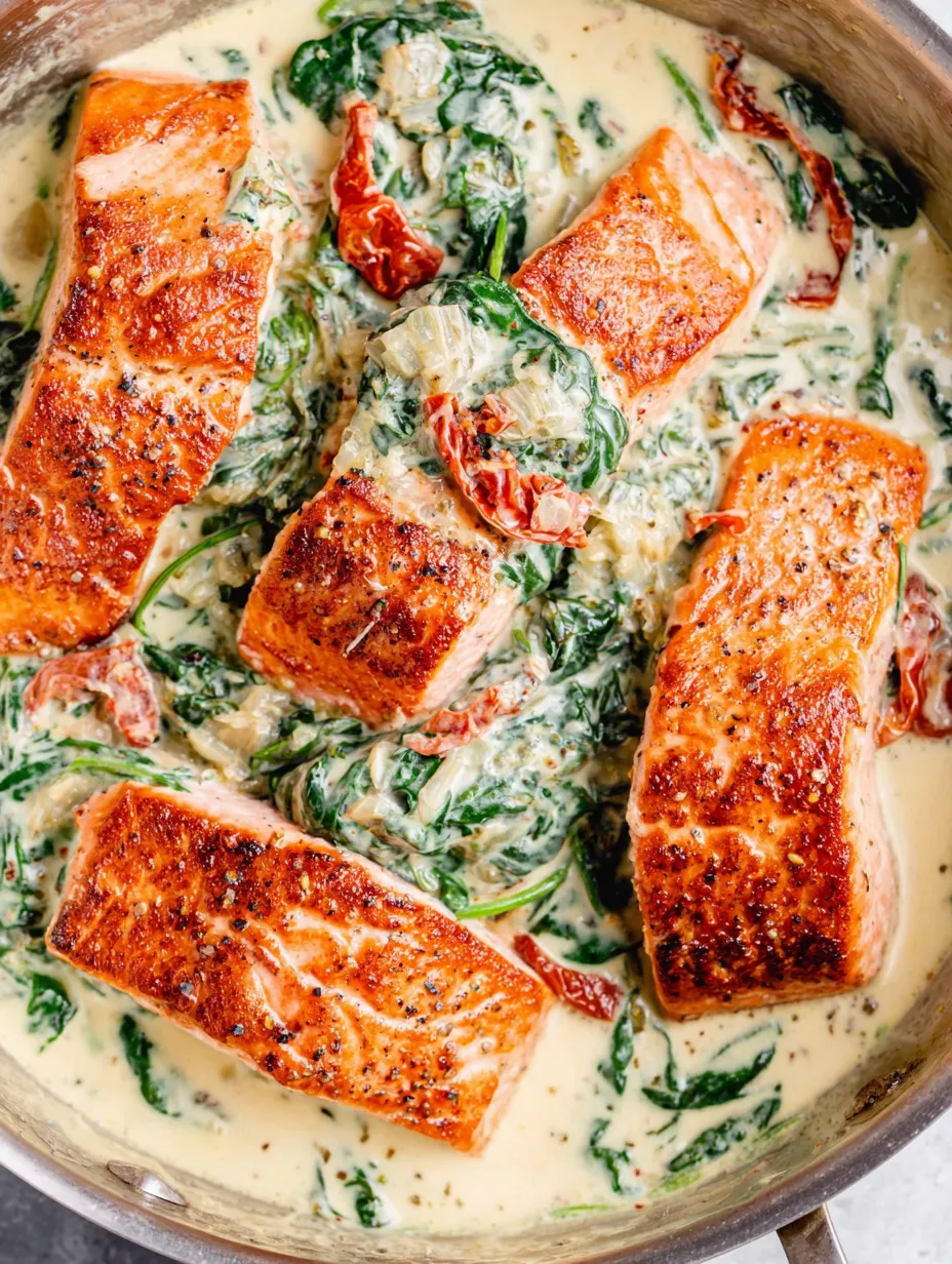 A dish of salmon with greens and creamy garlic butter.