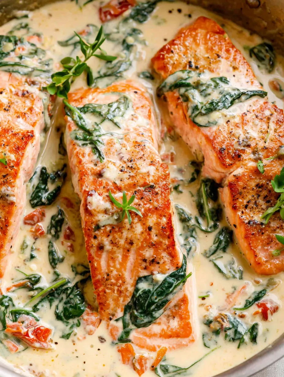 A close up of a piece of salmon with a creamy garlic butter sauce.