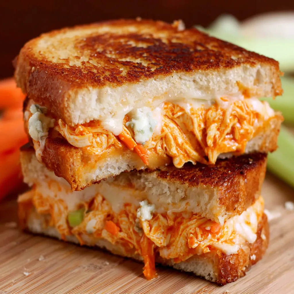 A grilled cheese sandwich with buffalo chicken.