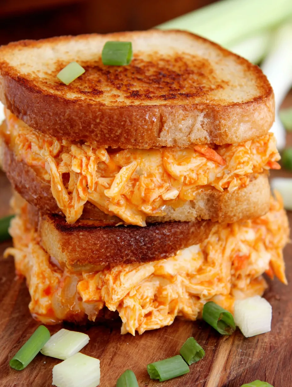 A grilled cheese sandwich with buffalo chicken on top.
