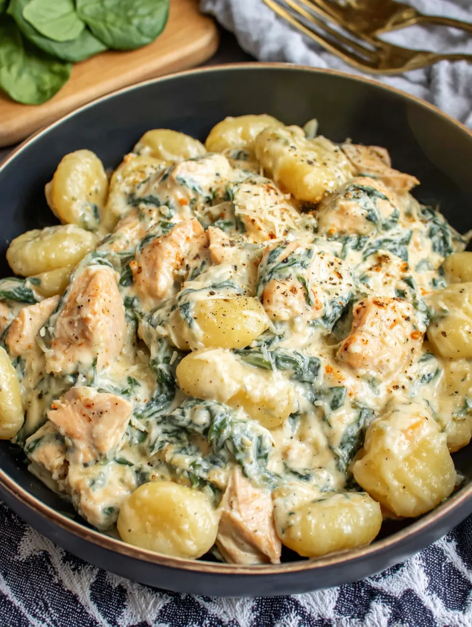 A bowl of creamy chicken gnocchi.