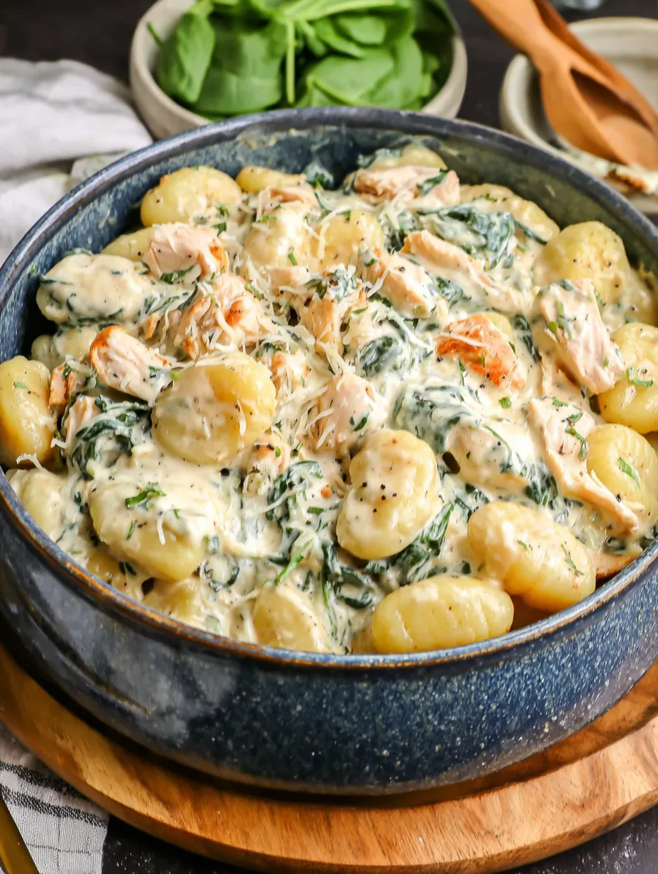 A bowl of creamy chicken gnocchi.