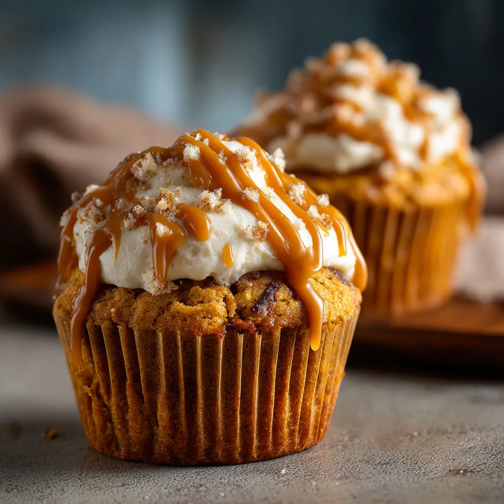 Two muffins with caramel drizzle.
