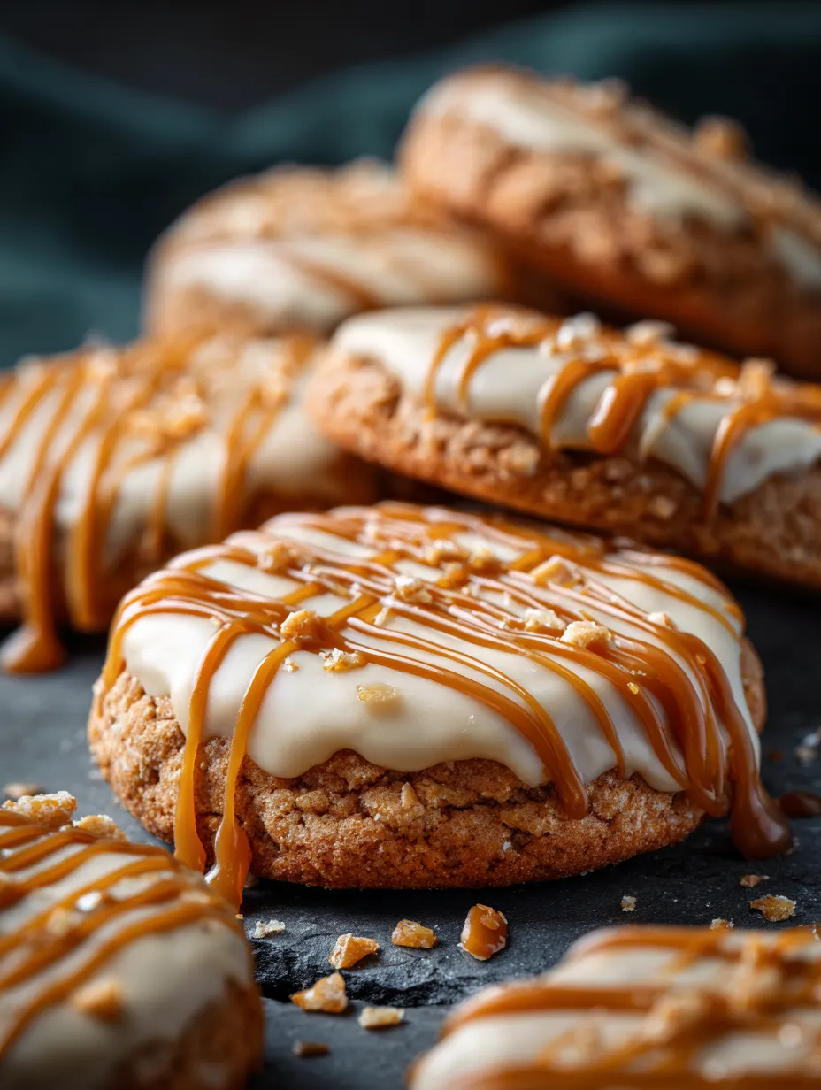 A close up of a cookie with caramel drizzled on top.