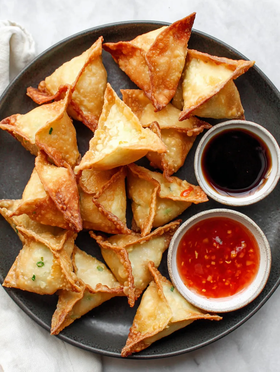 A plate of air fryer cream cheese wontons.