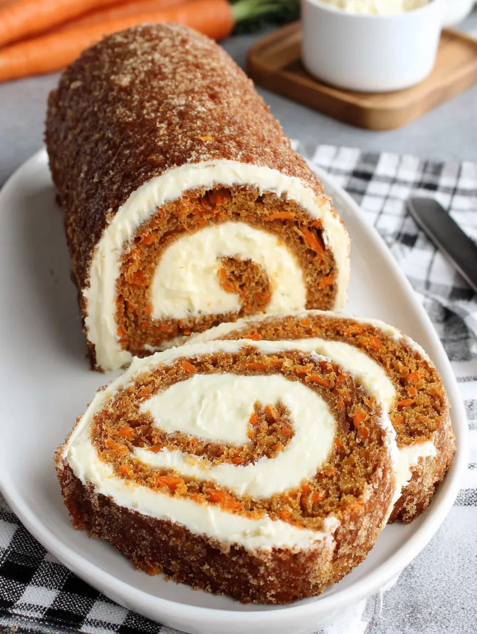 A carrot cake roll with cream cheese on a plate.