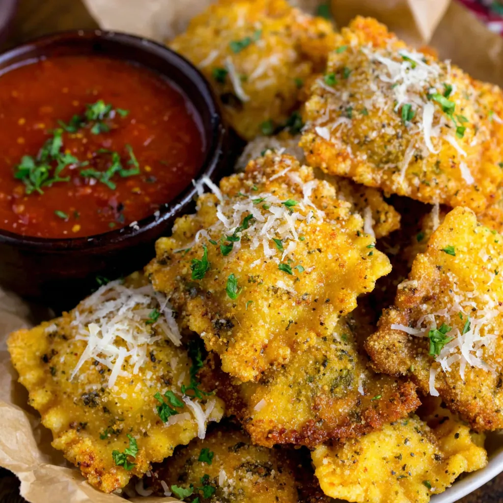 A bowl of fried ravioli with marinara sauce.