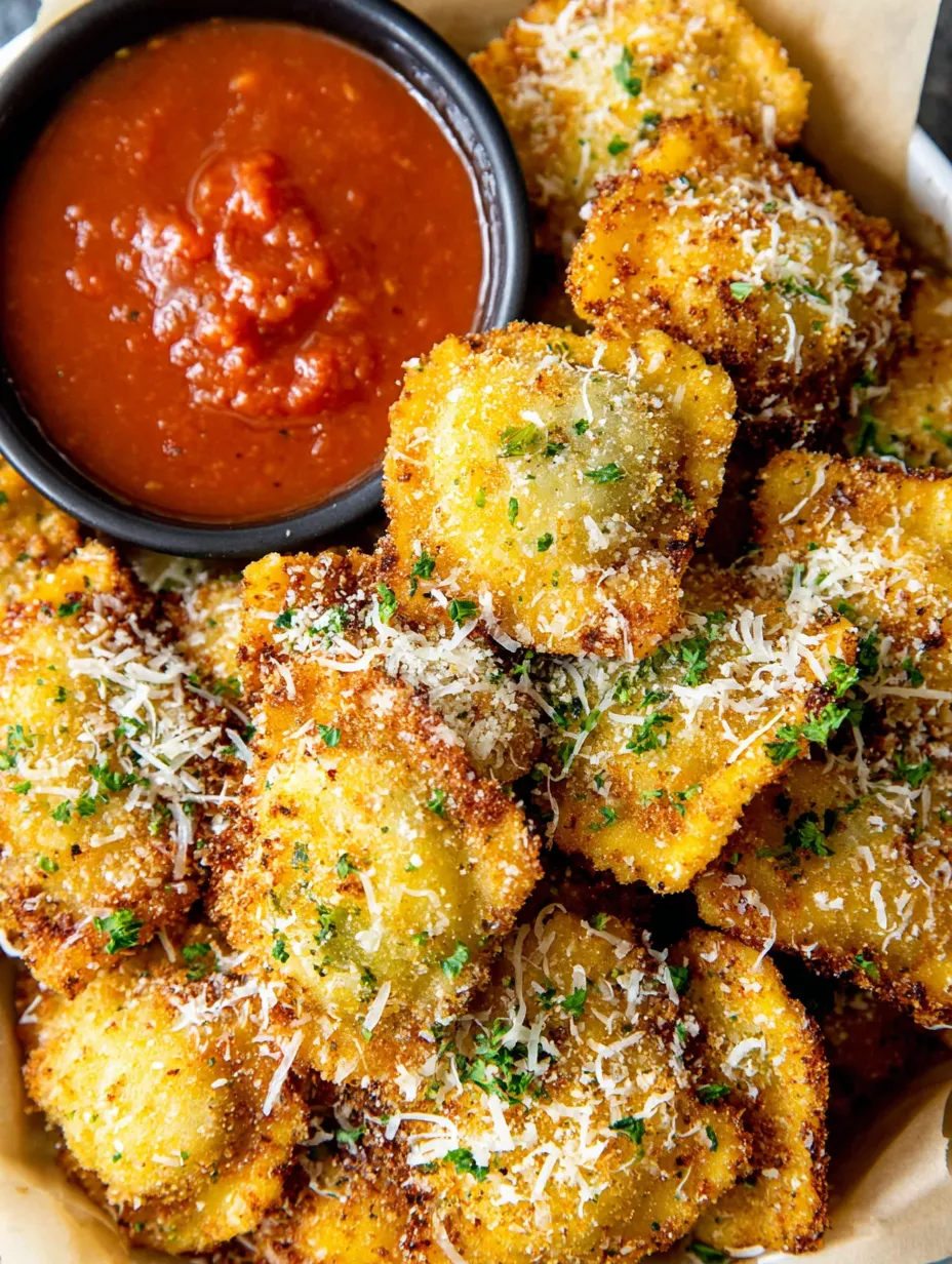 A bowl of fried ravioli with marinara sauce.