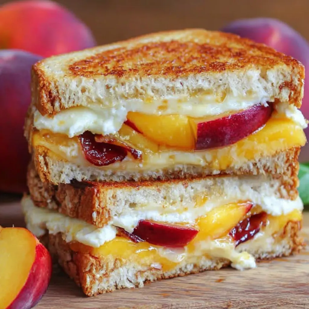 A grilled cheese sandwich with peaches and white cheddar cheese.
