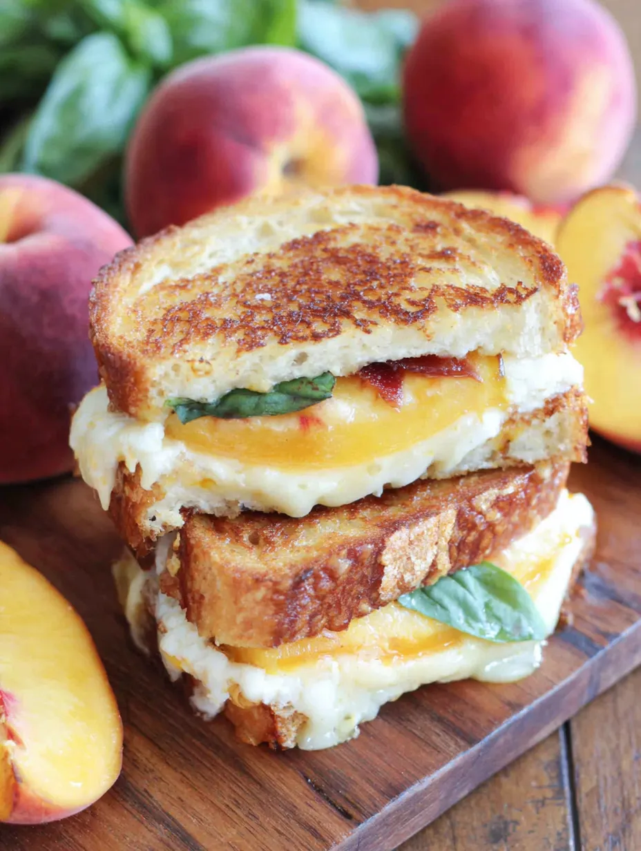 A grilled cheese sandwich with peaches and bacon.