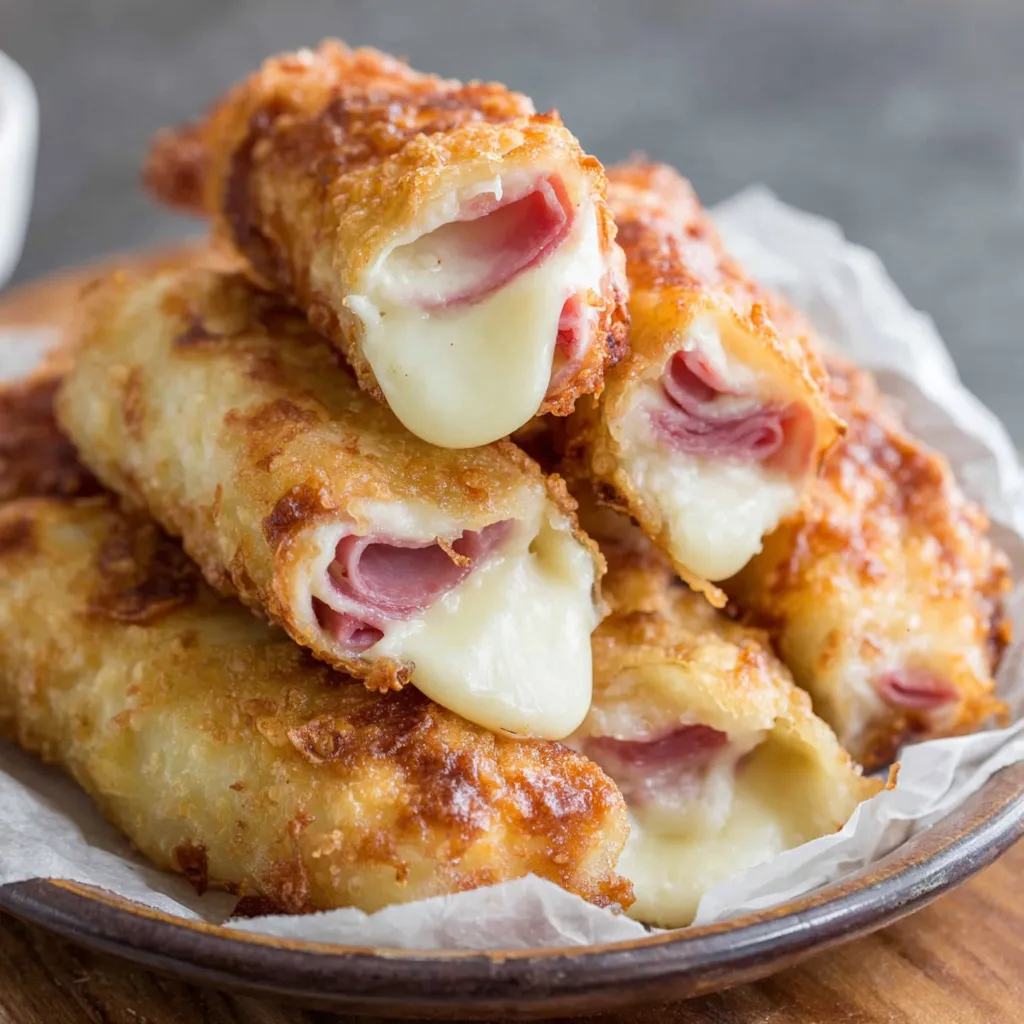 A stack of baked ham and cheese mozzarella sticks.
