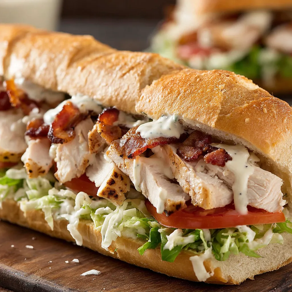 A sandwich with bacon, tomatoes, lettuce, and ranch dressing.