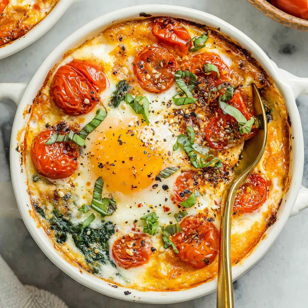 A bowl of baked feta eggs with tomatoes.