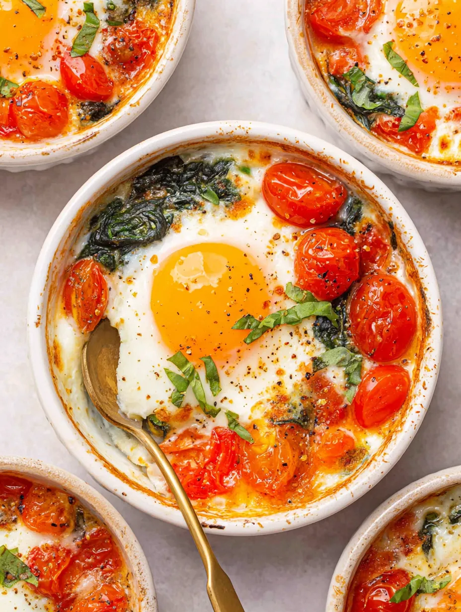 A bowl of baked feta eggs with tomatoes and greens.