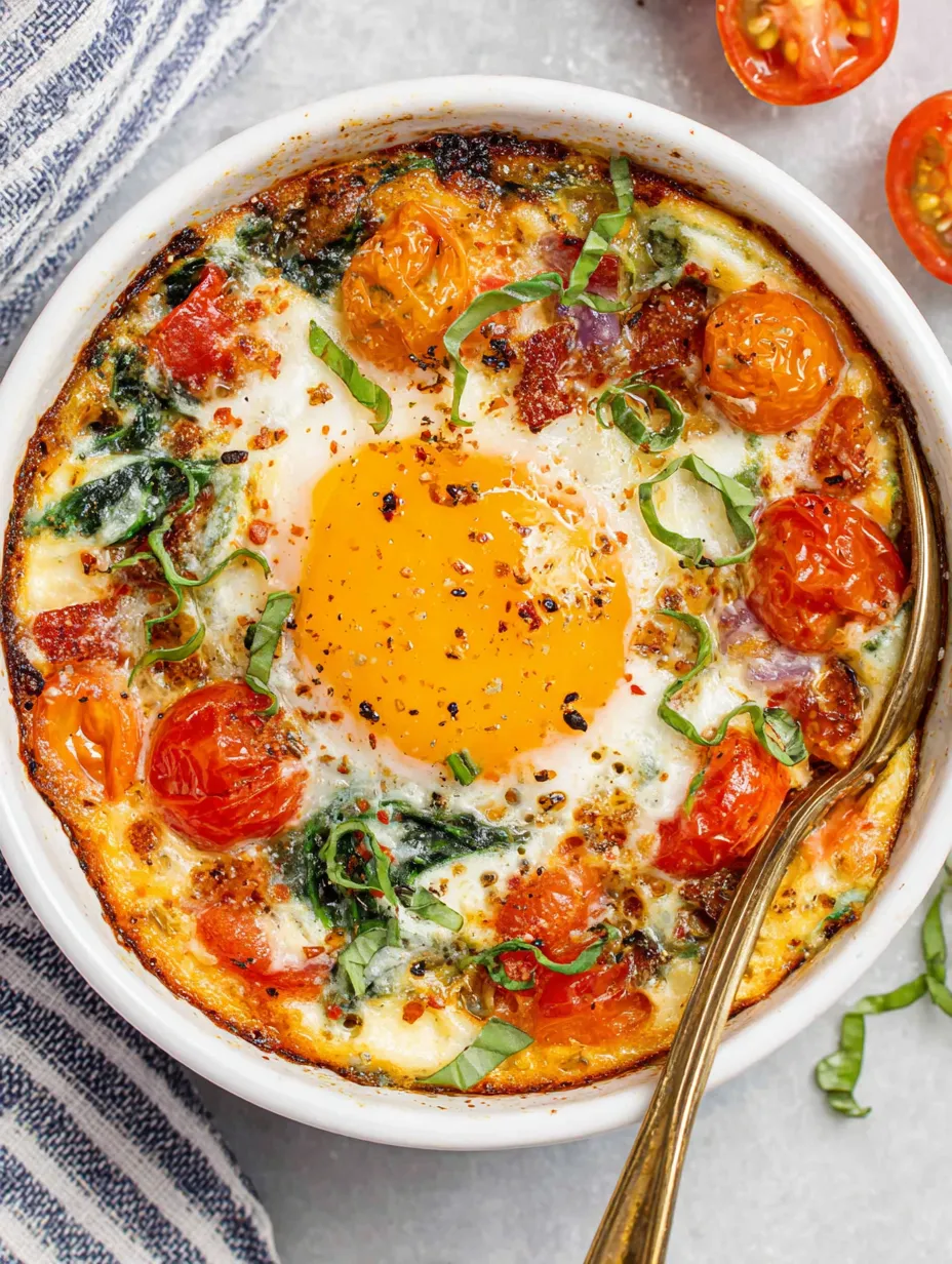 A bowl of baked feta eggs with tomatoes.