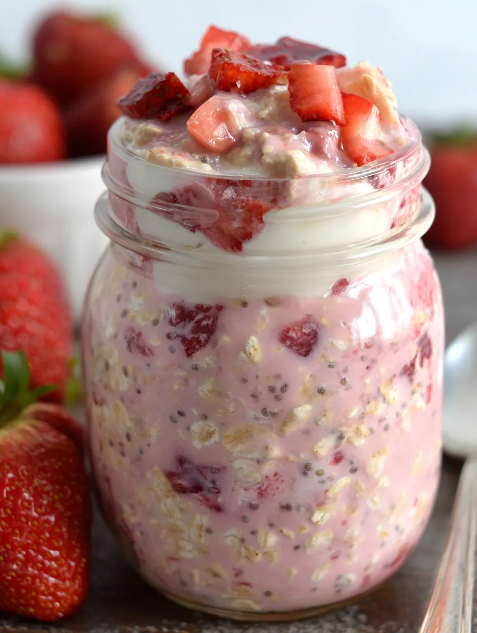 A jar of strawberries and cream overnight oats.