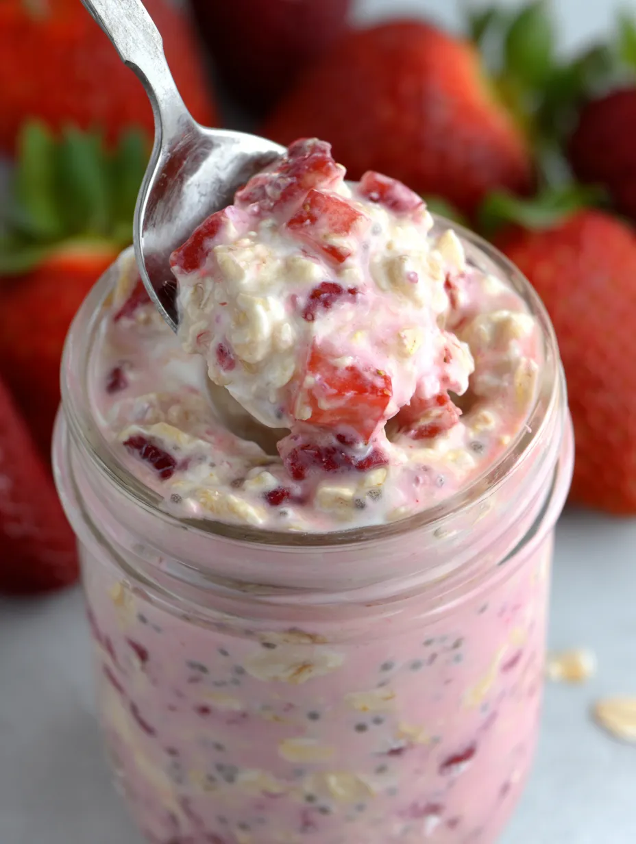 A jar of strawberries and cream overnight oats.