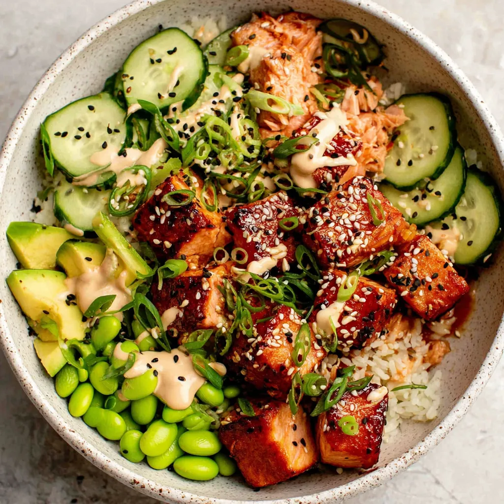 A bowl of food with a salmon dish and vegetables.