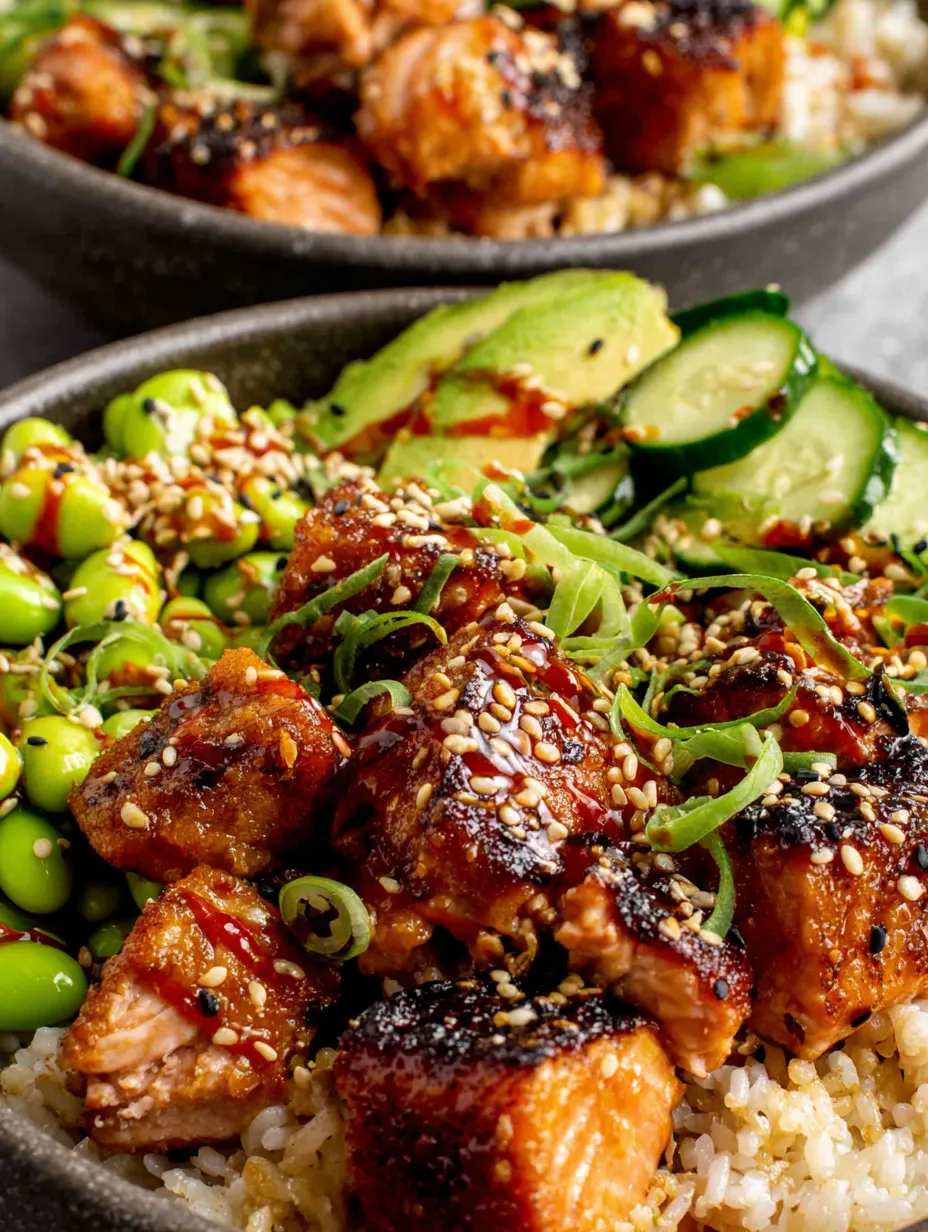 A bowl of food with a salmon dish and vegetables.