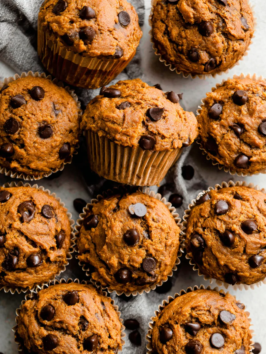 A tray of muffins with chocolate chips and pumpkin.