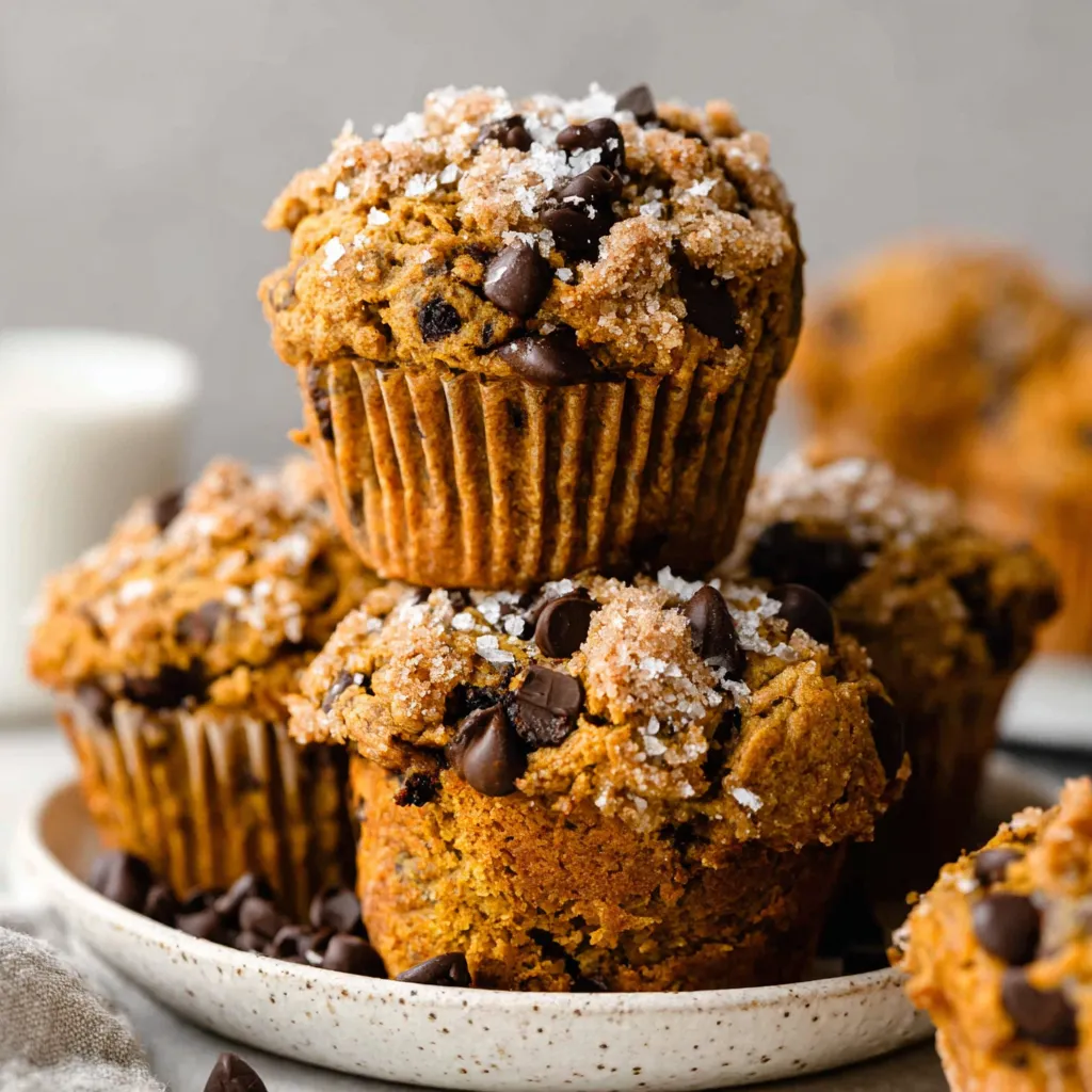 A plate of muffins with chocolate chips and pumpkin spice.