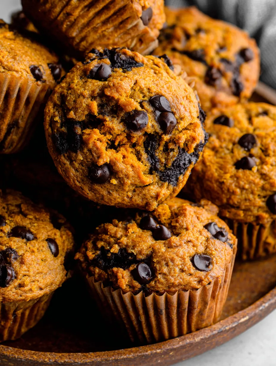 A plate of muffins with chocolate chips and pumpkin.