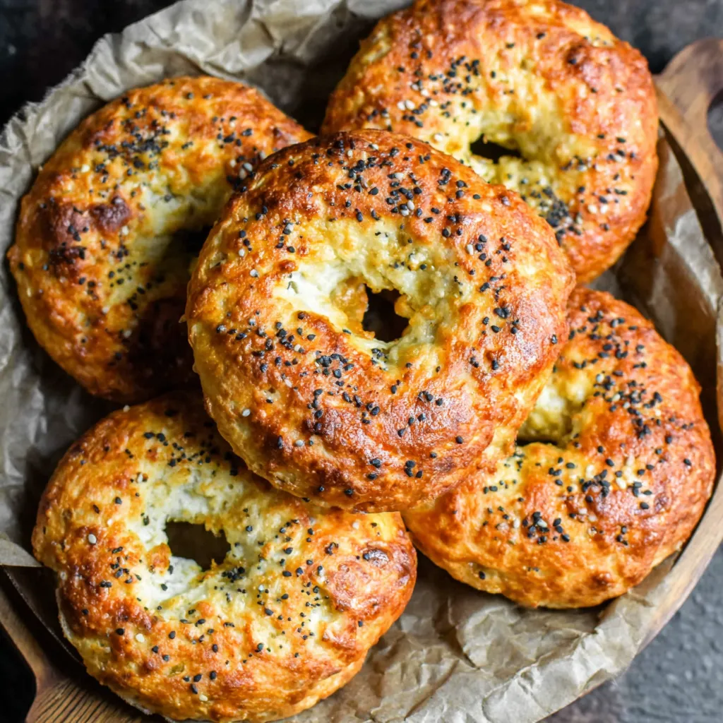 A plate of bagels with sesame seeds.
