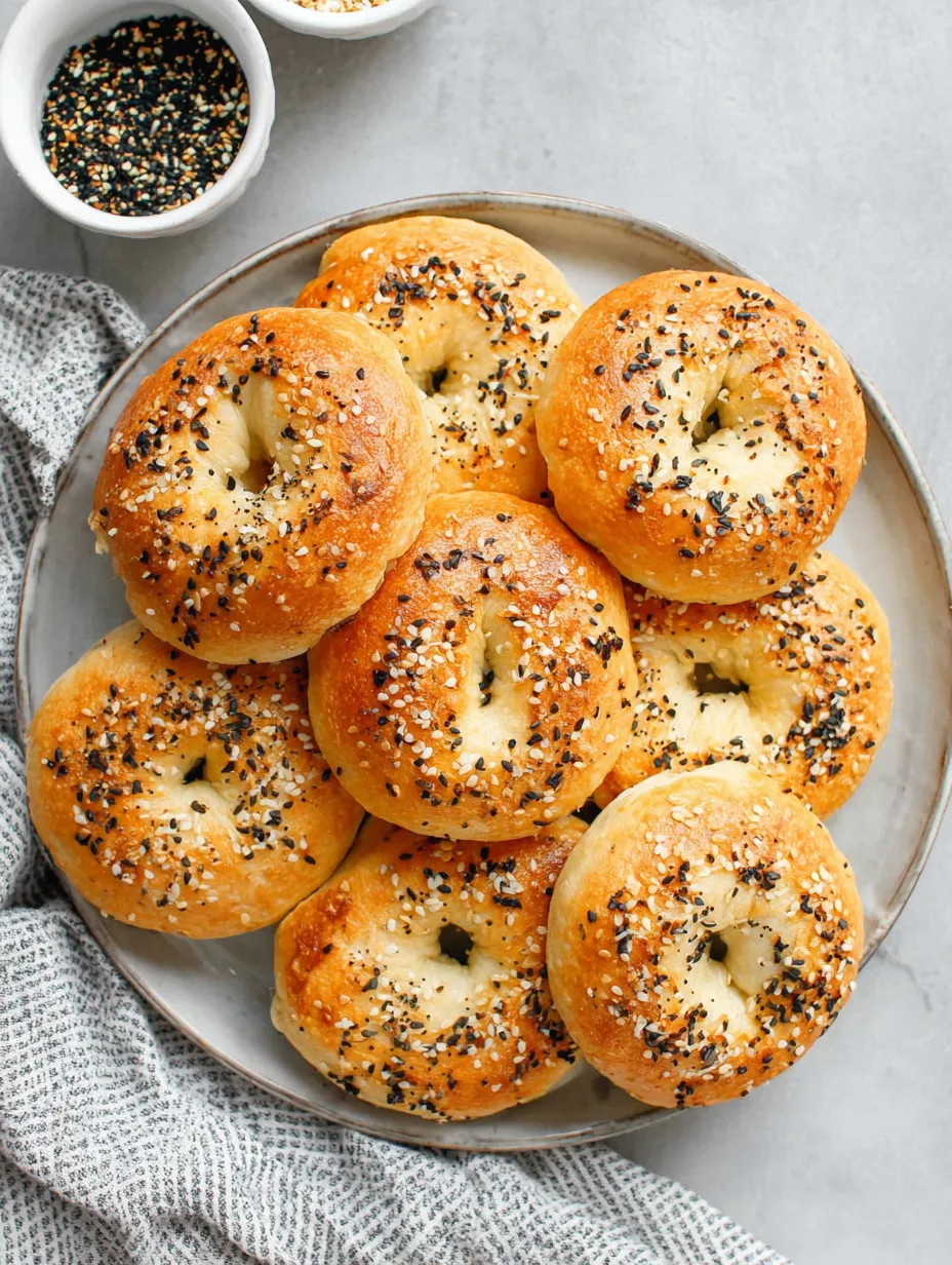 A plate of bagels with sesame seeds.