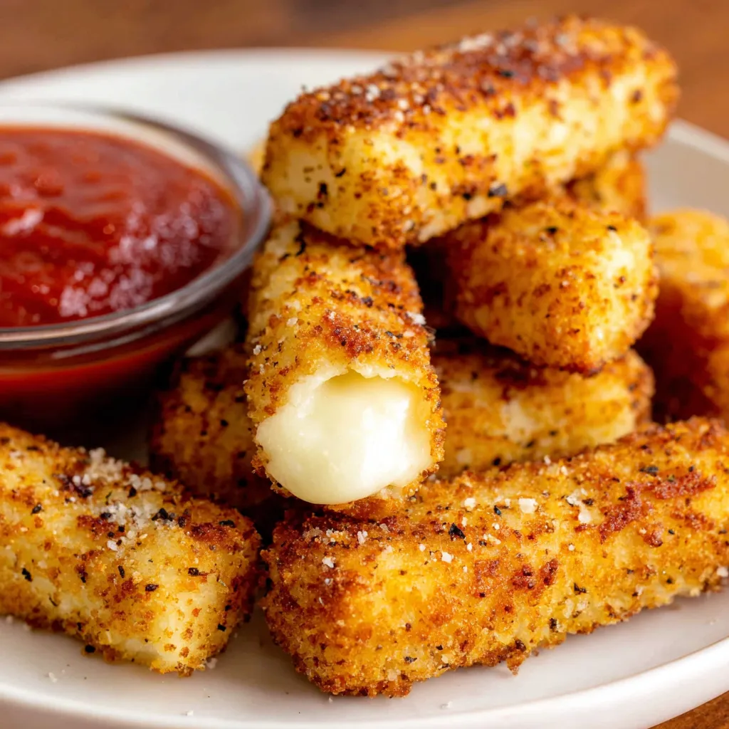 Mozzarella sticks in a bowl with a side of marinara sauce.