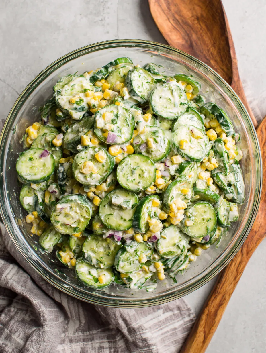A glass bowl filled with sliced cucumbers and corn.