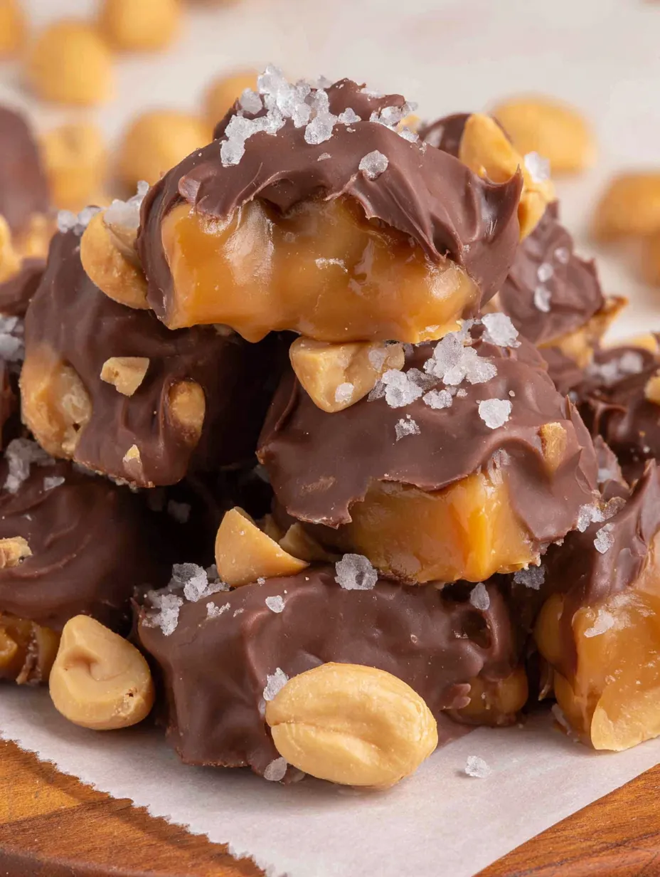 Salted peanut caramel clusters on a plate.