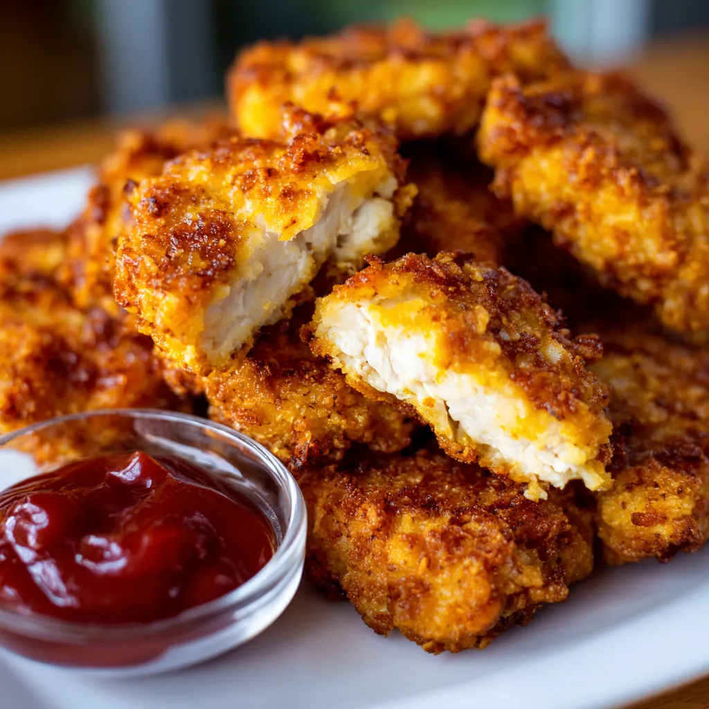 A plate of crispy chicken nuggets with a side of ketchup.