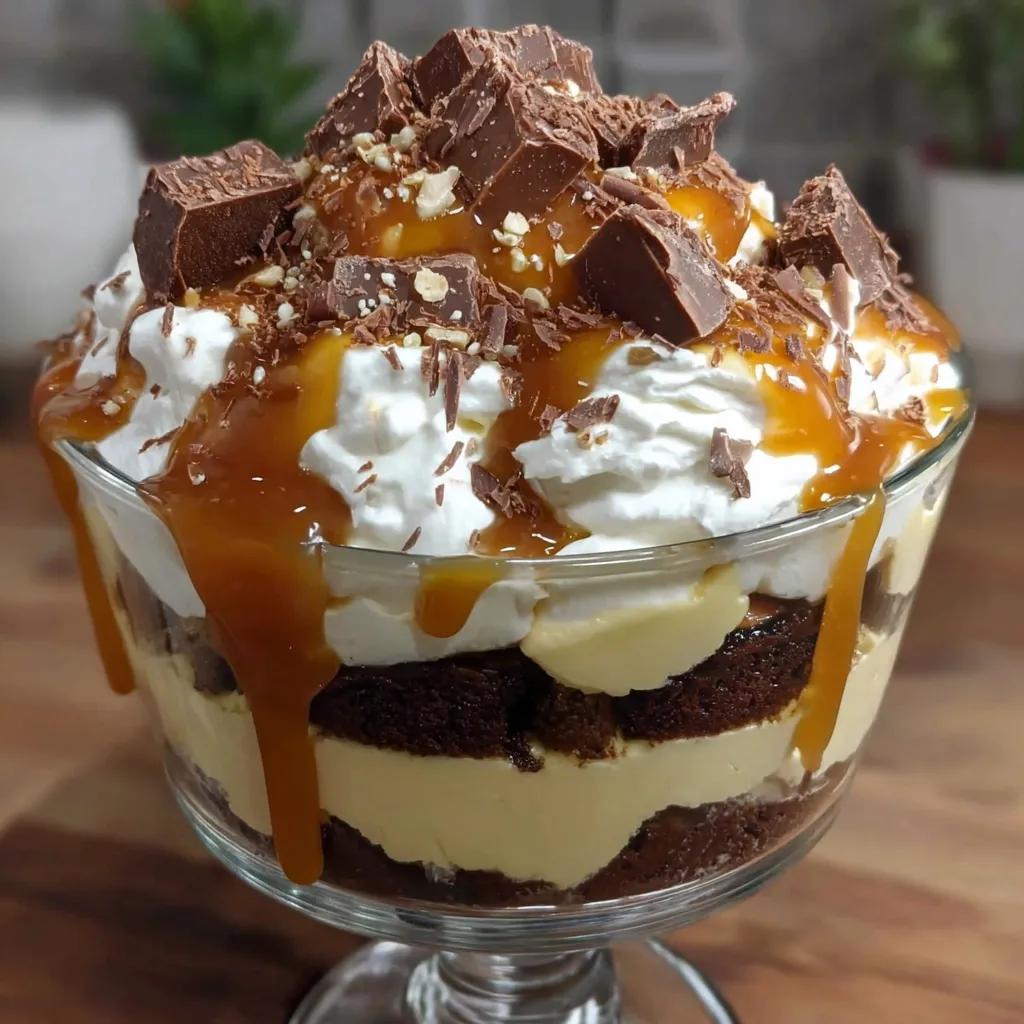 A caramel cheesecake brownie trifle.