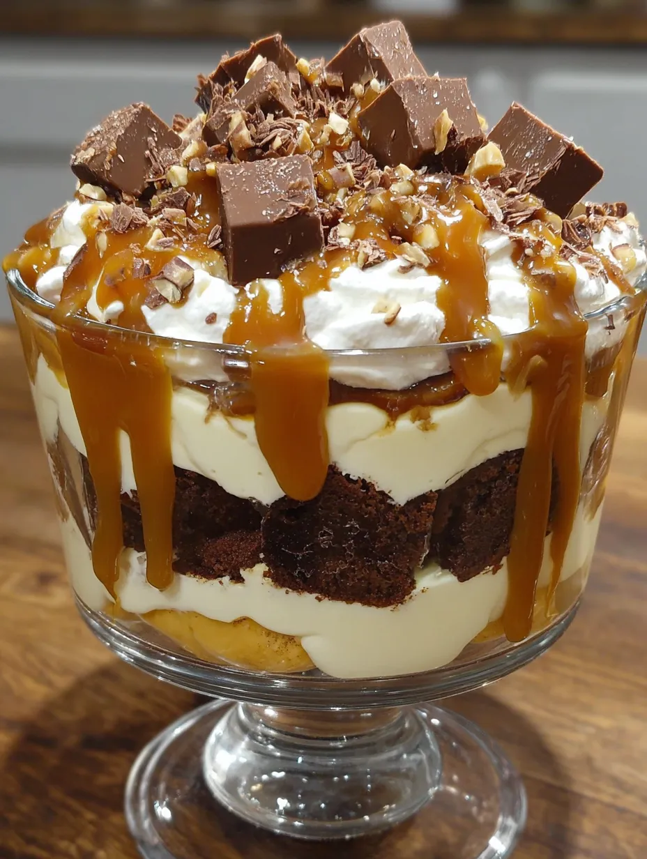 A caramel cheesecake brownie trifle in a glass bowl.
