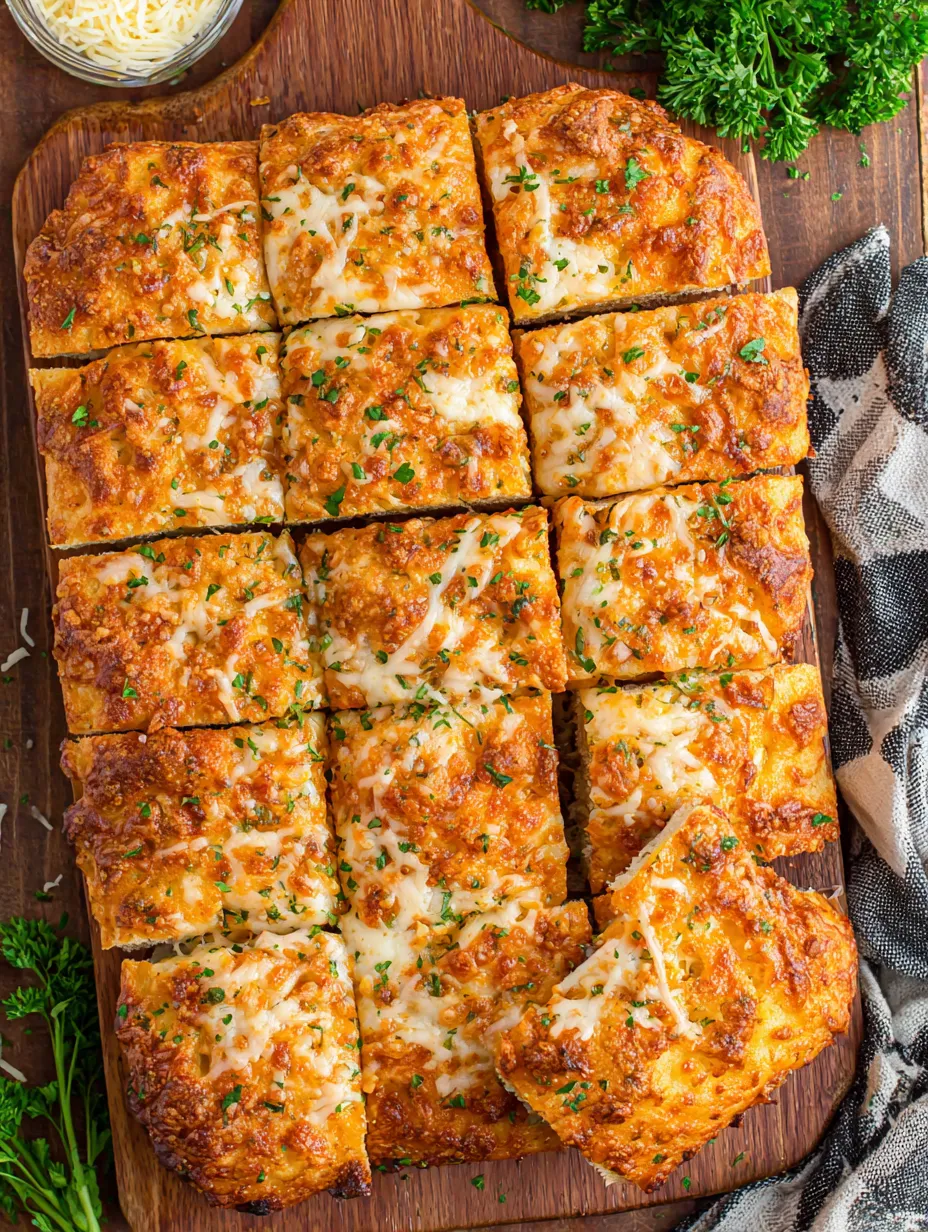 A wooden cutting board with slices of cheesy garlic bread.
