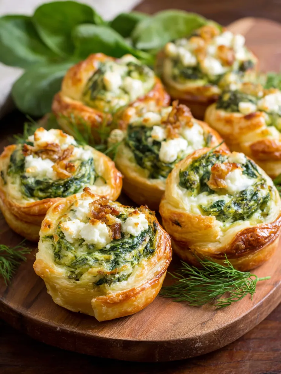 Spinach Puffs on a wooden table.
