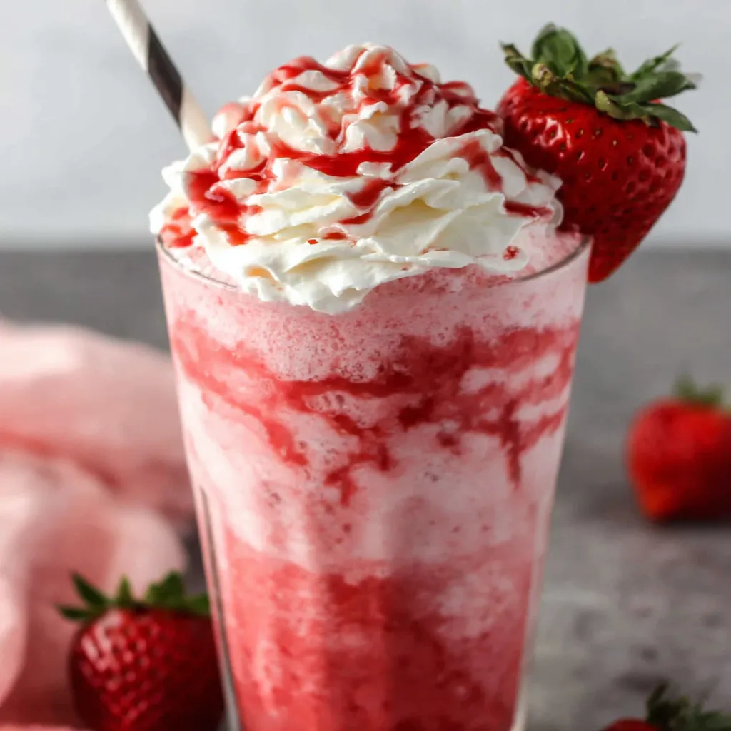 A glass of pink strawberry frappuccino.