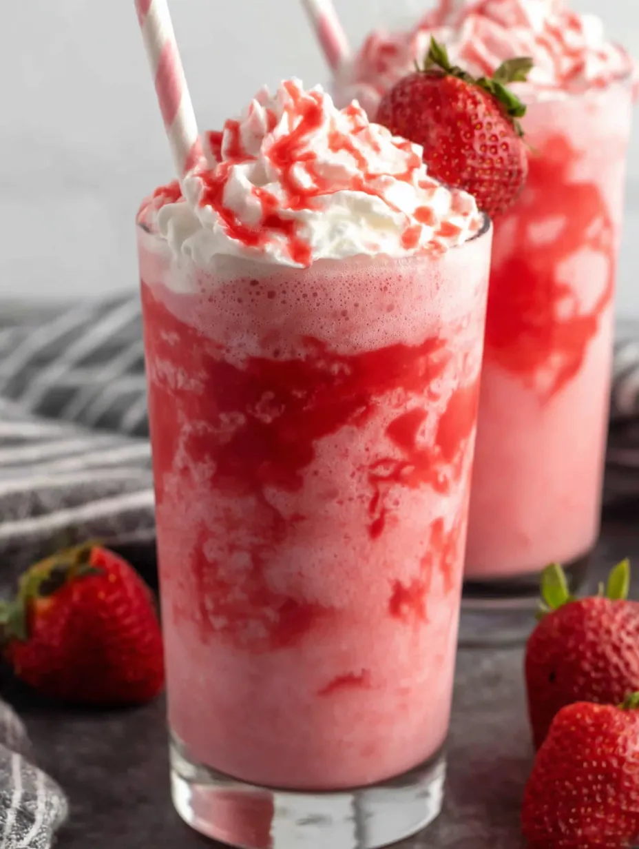 A glass of pink drink with strawberries on the side.