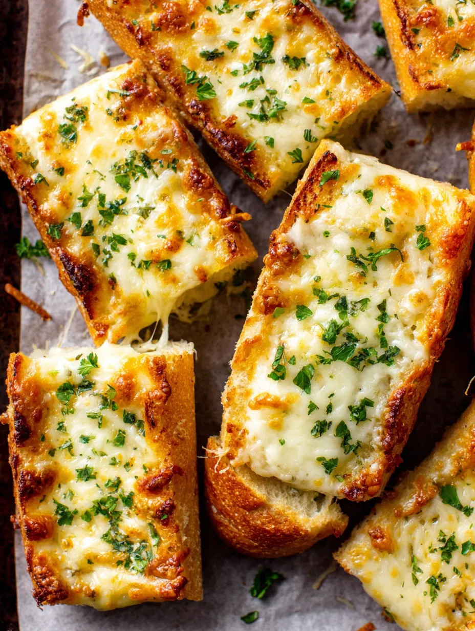 Slices of garlic bread with cheese on a cutting board.