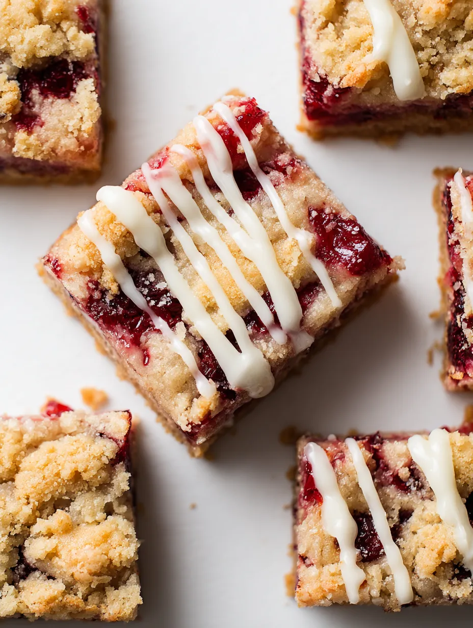 Cranberry crumble bars with white icing.