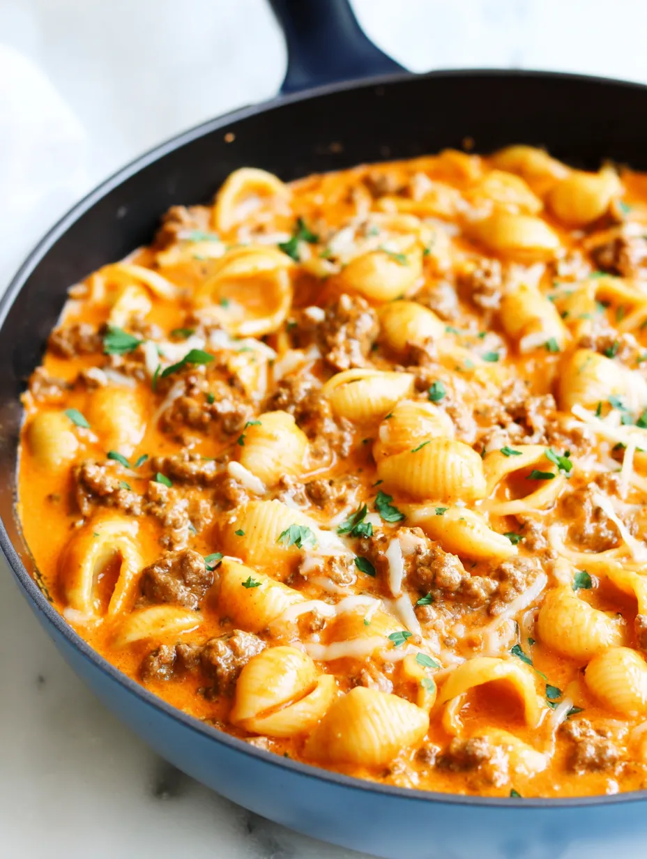 A bowl of creamy beef and shells.