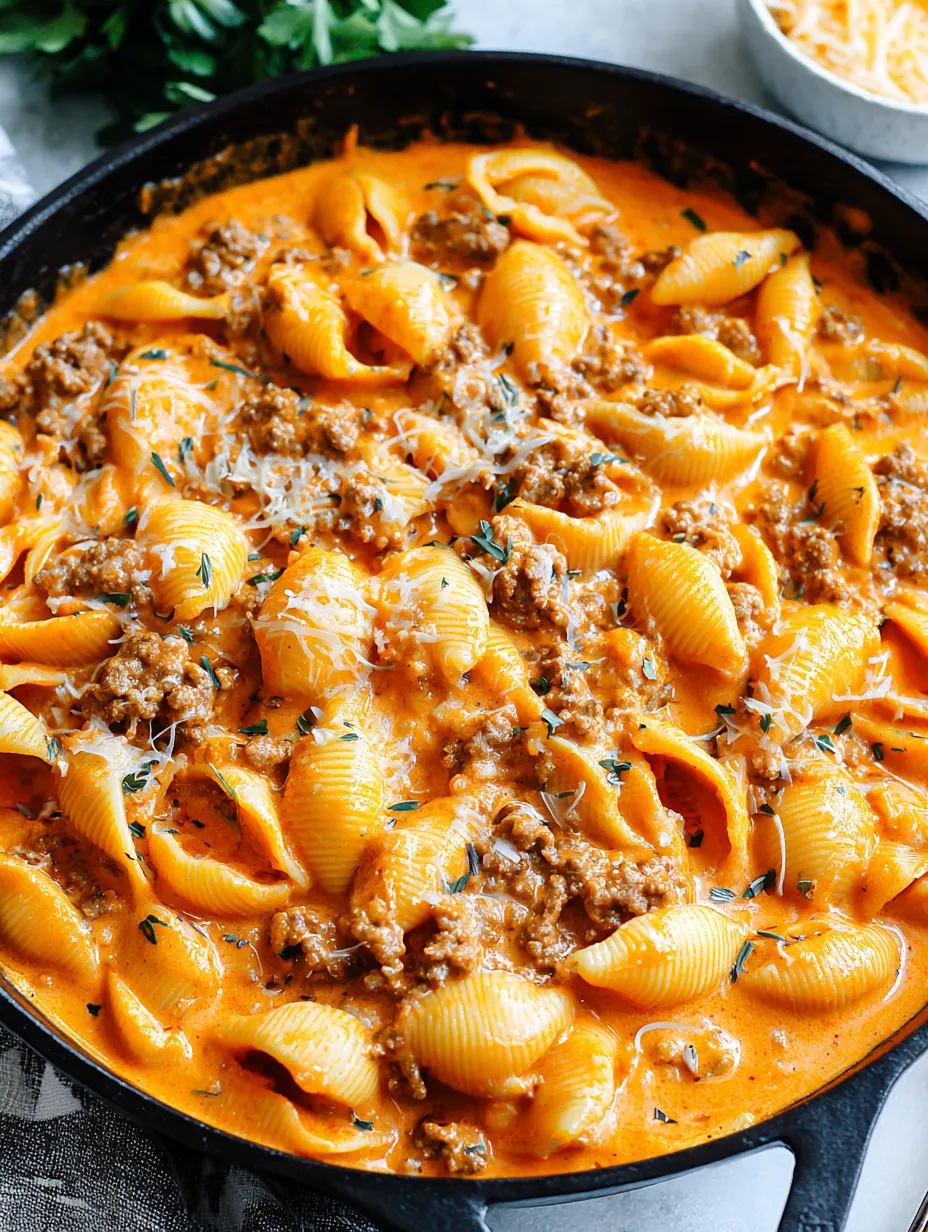A bowl of creamy beef and shells.